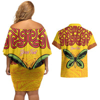 Personalised Tufi Tapa and Tattoo Festival Couples Matching Off Shoulder Short Dress and Hawaiian Shirt PNG Oro Butterfly Tapa Pattern - Polynesian Pride