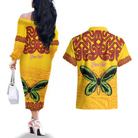 Personalised Tufi Tapa and Tattoo Festival Couples Matching Off The Shoulder Long Sleeve Dress and Hawaiian Shirt PNG Oro Butterfly Tapa Pattern LT14 - Polynesian Pride