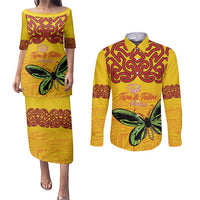 Personalised Tufi Tapa and Tattoo Festival Couples Matching Puletasi and Long Sleeve Button Shirt PNG Oro Butterfly Tapa Pattern - Polynesian Pride