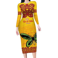 Personalised Tufi Tapa and Tattoo Festival Family Matching Long Sleeve Bodycon Dress and Hawaiian Shirt PNG Oro Butterfly Tapa Pattern LT14 Mom's Dress Yellow - Polynesian Pride