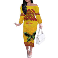 Personalised Tufi Tapa and Tattoo Festival Family Matching Off The Shoulder Long Sleeve Dress and Hawaiian Shirt PNG Oro Butterfly Tapa Pattern LT14 Mom's Dress Yellow - Polynesian Pride