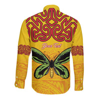 Personalised Tufi Tapa and Tattoo Festival Long Sleeve Button Shirt PNG Oro Butterfly Tapa Pattern - Polynesian Pride