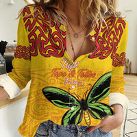 Personalised Tufi Tapa and Tattoo Festival Women Casual Shirt PNG Oro Butterfly Tapa Pattern LT14 Female Yellow - Polynesian Pride