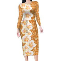 Personalised Tufi Tapa and Tattoo Festival Family Matching Long Sleeve Bodycon Dress and Hawaiian Shirt Oro Tapa Cloth With Plumeria LT14 Mom's Dress Brown - Polynesian Pride