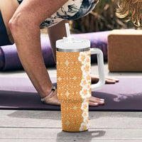 Personalised Tufi Tapa and Tattoo Festival Tumbler With Handle Oro Tapa Cloth With Plumeria - Polynesian Pride