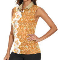 Personalised Tufi Tapa and Tattoo Festival Women Sleeveless Polo Shirt Oro Tapa Cloth With Plumeria LT14 - Polynesian Pride