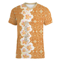 Personalised Tufi Tapa and Tattoo Festival Women V-Neck T-Shirt Oro Tapa Cloth With Plumeria LT14 Female Brown - Polynesian Pride