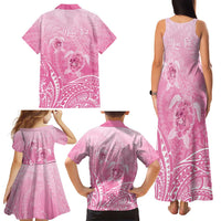 Personalised Polynesia Breast Cancer Awareness Family Matching Tank Maxi Dress and Hawaiian Shirt No One Fights Alone Turtle Ribbon - Pink Version