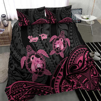 Personalised Polynesia Breast Cancer Awareness Bedding Set No One Fights Alone Turtle Ribbon - Black Version