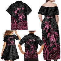 Personalised Polynesia Breast Cancer Awareness Family Matching Off Shoulder Maxi Dress and Hawaiian Shirt No One Fights Alone Turtle Ribbon - Black Version