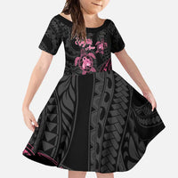 Personalised Polynesia Breast Cancer Awareness Family Matching Summer Maxi Dress and Hawaiian Shirt No One Fights Alone Turtle Ribbon - Black Version