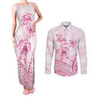 Personalised Polynesia Breast Cancer Awareness Couples Matching Tank Maxi Dress and Long Sleeve Button Shirt No One Fights Alone Turtle Ribbon - White Version