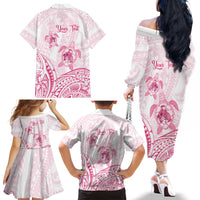 Personalised Polynesia Breast Cancer Awareness Family Matching Off The Shoulder Long Sleeve Dress and Hawaiian Shirt No One Fights Alone Turtle Ribbon - White Version