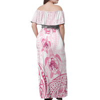 Personalised Polynesia Breast Cancer Awareness Off Shoulder Maxi Dress No One Fights Alone Turtle Ribbon - White Version