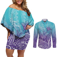 Polynesia Suicide Prevention Month Couples Matching Off Shoulder Short Dress and Long Sleeve Button Shirt Butterfly Purple And Teal Ribbon Tomorrow Needs You