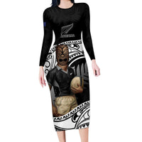 Custom New Zealand Silver Fern Rugby Long Sleeve Bodycon Dress 2024 Aotearoa Maori Mascot Go All Black LT14 Long Dress Black - Polynesian Pride