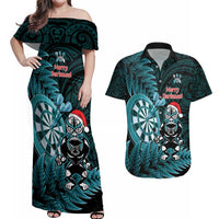 Personalised New Zealand Darts Christmas Couples Matching Off Shoulder Maxi Dress and Hawaiian Shirt Maori Fern Merry Dartsmas - Polynesian Pride