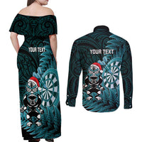 Personalised New Zealand Darts Christmas Couples Matching Off Shoulder Maxi Dress and Long Sleeve Button Shirt Maori Fern Merry Dartsmas - Polynesian Pride