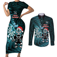 Personalised New Zealand Darts Christmas Couples Matching Short Sleeve Bodycon Dress and Long Sleeve Button Shirt Maori Fern Merry Dartsmas - Polynesian Pride