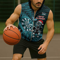 Personalised New Zealand Darts Christmas Sleeveless Zip Hoodie Maori Fern Merry Dartsmas - Polynesian Pride
