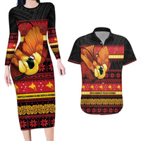 Papua New Guinea Christmas Couples Matching Long Sleeve Bodycon Dress and Hawaiian Shirt Bikpela hamamas blong dispela Krismas LT14 Red - Polynesian Pride