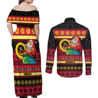 Vanuatu Christmas Couples Matching Off Shoulder Maxi Dress and Long Sleeve Button Shirt Joyeux Noel Surfing Santa With Boar Tusk - Polynesian Pride
