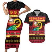 Vanuatu Christmas Couples Matching Short Sleeve Bodycon Dress and Hawaiian Shirt Joyeux Noel Surfing Santa With Boar Tusk - Polynesian Pride