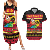 Vanuatu Christmas Couples Matching Summer Maxi Dress and Hawaiian Shirt Joyeux Noel Surfing Santa With Boar Tusk - Polynesian Pride