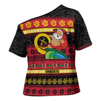 Vanuatu Christmas Cross Shoulder Shirt Joyeux Noel Surfing Santa With Boar Tusk - Polynesian Pride