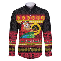 Vanuatu Christmas Family Matching Off Shoulder Short Dress and Hawaiian Shirt Joyeux Noel Surfing Santa With Boar Tusk LT14 Dad's Shirt - Long Sleeve Red - Polynesian Pride