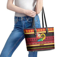 Vanuatu Christmas Leather Tote Bag Joyeux Noel Surfing Santa With Boar Tusk - Polynesian Pride