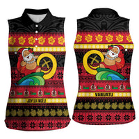 Vanuatu Christmas Women Sleeveless Polo Shirt Joyeux Noel Surfing Santa With Boar Tusk - Polynesian Pride