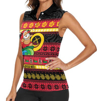 Vanuatu Christmas Women Sleeveless Polo Shirt Joyeux Noel Surfing Santa With Boar Tusk - Polynesian Pride