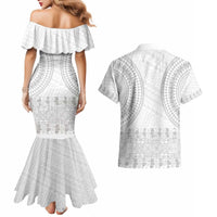 Niue White Sunday Couples Matching Mermaid Dress and Hawaiian Shirt Tapu Fanau Ia Puakenikeni Hiapo Pattern - Polynesian Pride