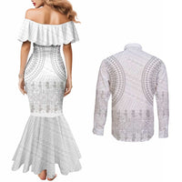 Niue White Sunday Couples Matching Mermaid Dress and Long Sleeve Button Shirt Tapu Fanau Ia Puakenikeni Hiapo Pattern - Polynesian Pride