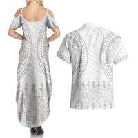 Niue White Sunday Couples Matching Summer Maxi Dress and Hawaiian Shirt Tapu Fanau Ia Puakenikeni Hiapo Pattern - Polynesian Pride