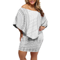 Niue White Sunday Family Matching Off Shoulder Short Dress and Hawaiian Shirt Tapu Fanau Ia Puakenikeni Hiapo Pattern - Polynesian Pride