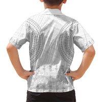 Niue White Sunday Kid Hawaiian Shirt Tapu Fanau Ia Puakenikeni Hiapo Pattern - Polynesian Pride