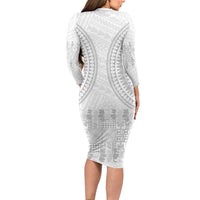 Niue White Sunday Long Sleeve Bodycon Dress Tapu Fanau Ia Puakenikeni Hiapo Pattern - Polynesian Pride