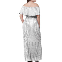 Niue White Sunday Off Shoulder Maxi Dress Tapu Fanau Ia Puakenikeni Hiapo Pattern - Polynesian Pride