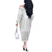 Niue White Sunday Off The Shoulder Long Sleeve Dress Tapu Fanau Ia Puakenikeni Hiapo Pattern - Polynesian Pride