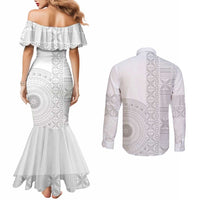 Niue White Sunday Couples Matching Mermaid Dress and Long Sleeve Button Shirt Half Hiapo Pattern Vibes - Polynesian Pride