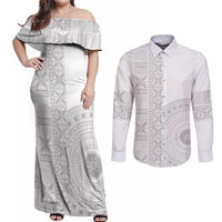 Niue White Sunday Couples Matching Off Shoulder Maxi Dress and Long Sleeve Button Shirt Half Hiapo Pattern Vibes - Polynesian Pride