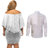 Niue White Sunday Couples Matching Off Shoulder Short Dress and Long Sleeve Button Shirt Half Hiapo Pattern Vibes - Polynesian Pride