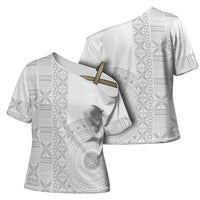 Niue White Sunday Cross Shoulder Shirt Half Hiapo Pattern Vibes - Polynesian Pride