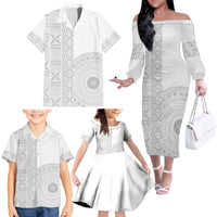 Niue White Sunday Family Matching Off The Shoulder Long Sleeve Dress and Hawaiian Shirt Half Hiapo Pattern Vibes - Polynesian Pride