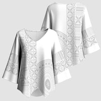 Niue White Sunday Kimono Sleeve Blouse Half Hiapo Pattern Vibes - Polynesian Pride