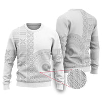 Niue White Sunday Ugly Christmas Sweater Half Hiapo Pattern Vibes - Polynesian Pride