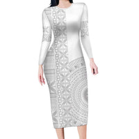 Niue White Sunday Long Sleeve Bodycon Dress Half Hiapo Pattern Vibes - Polynesian Pride