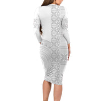 Niue White Sunday Long Sleeve Bodycon Dress Half Hiapo Pattern Vibes - Polynesian Pride